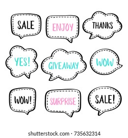 Set of vector speech bubbles with dashed line and short popular words: wow, sale, thanks, enjoy, giveaway, surprise. Vector illustration