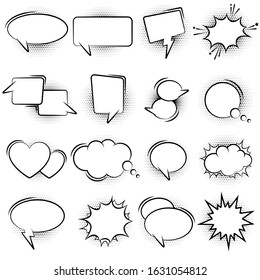 Set of vector speech bubbles with halftone dots. Pop art style