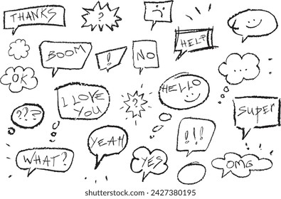 set of Vector speech bubbles. Speech bubbles set, Outline chat word design. Vector drawing with pencil texture, doodle illustrations. Cartoon text bubble frame.