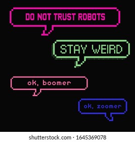 Set of vector speech bubbles with text  in pixel art style. Vaporwave and retrowave style elements for stickers and pins.