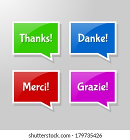 Set of vector speech bubbles - thanks, danke, merci, grazie - square