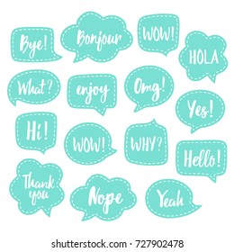 Set of vector speech bubbles with white dashed line and short popular messages: yes, thank you, bye, omg, wow, xoxo, yeah, hello, hola, why, hi... Vector illustration 