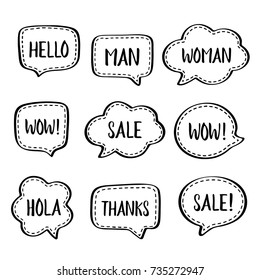 Set of vector speech bubbles with white dashed line and short popular words: hello, man, woman,wow, sale, hola, thanks. Vector illustration