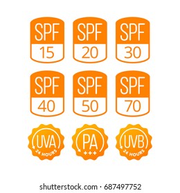 Set of vector SPF labels for sunscreen product packaging isolated on white background. UVA, UVB and PA protection icons for skin cosmetics