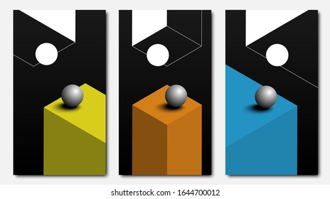 Set of vector spheres and block on black background with a shadow.