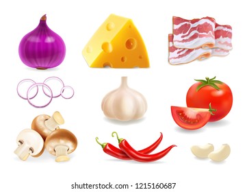 Set of vector spices isolated. Tomato, Chili, Garlic, Cheese, Bacon, Onion