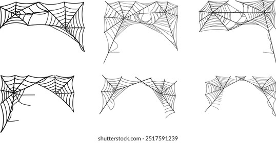 Conjunto de silhuetas de teia de aranha vetorial. Cobweb clip-art e coleção de adesivos para halloween, tatuagem, fundo. Coleção de elementos decorativos preto gossamer