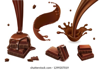 Set of vector splashes and drops of melted dark chocolate. Coffee, cocoa, liquid hot chocolate flow illustration