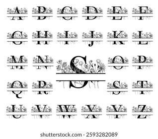 Set of vector split letters with hand drawn line wildflowers, botanical monogram, spring-summer name frame design