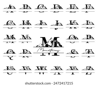 Set of vector split monogram letters with line drawing mountains, nature alphabet for wedding, brand cards, posters and logo