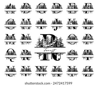 Set of vector split monogram letters with line drawing forest trees, nature alphabet for wedding, brand cards, posters and logo