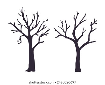 Set of vector spooky trees. Hand drawn bare dead creepy tree dark silhouettes isolated on white background for Halloween designs. Old haunted forest illustration