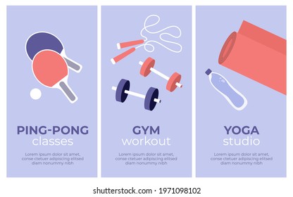 Set of vector sport activities banners. Yoga studio, gym workout, ping pong classes. Table tennis paddle, jump rope, dumbbells, fitness mat. Physical activity training, healthy lifestyle illustrations