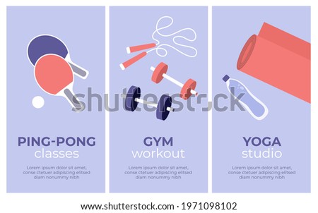 Set of vector sport activities banners. Yoga studio, gym workout, ping pong classes. Table tennis paddle, jump rope, dumbbells, fitness mat. Physical activity training, healthy lifestyle illustrations