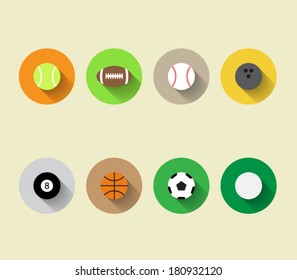 Set of vector sport ball icons with long shadow and flat design style, baseball, basketball, tennis, soccer, football, bowling, golf, pool. For websites or applications for smartphones and tablets