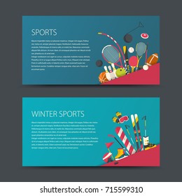 Set of vector sport banners. Flat design sport concept. Sports summer and winter equipment.