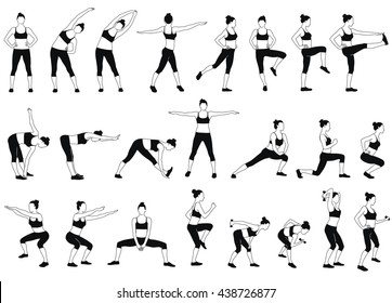 Set of vector sport girls silhouettes. icon of girl doing fitness workout in standing position. Vector lady in sport dress isolated on white background. Fitness and healthy life conception.
 