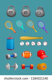 set of vector sport items, equipment, gears, balls, tennis rackets, hat, bat