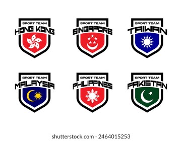 Set vector sport logo with national teams Hong Kong, Singapore, Taiwan, Malaysia, Philippines, Pakistan. Football sings for tournament isolated on white background. 