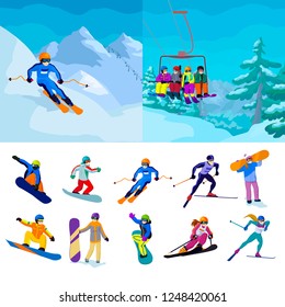 Set vector sportive people cartoon illustration winter sport alpine ski snowboard landslape mountains sportsman snow snowboard alpine ski sportsman girls boys young people man woman sport ski resort