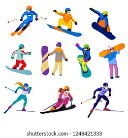 Set vector sportive people cartoon illustration winter sport alpine ski snowboard isolated on whitesportsman snow snowboard alpine ski sportsman girls boys young people man woman sport ski resort