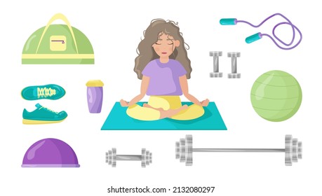 Set of vector sports equipment. The girl is sitting doing yoga, fitness, stretching. Collection of sport elements dumbbells, jump rope, aerobic ball, mat, bag, sneakers isolated on a white background.