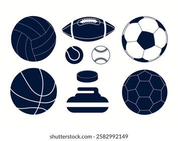 Set of vector sports equipments for football, basketball, handball, ice hockey, volleyball, baseball, bowling, rugby, curling and tennis Vector illustration