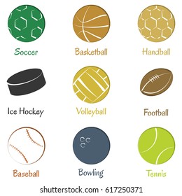 Set of vector sports equipments for soccer, football, basket, handball, ice hockey, volleyball, baseball, bowling and tennis.