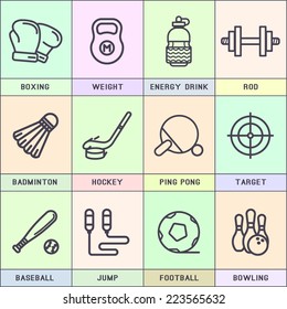 Set of vector, sports icons. Table tennis, skipping rope, boxing, hockey, energy drink,