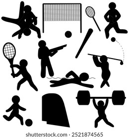 Conjunto de ilustrações de esportes vetoriais. Silhueta. Rugby 7, tiro esportivo, futebol, levantamento de peso. Contorno em plano de fundo isolado. 