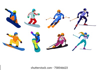 Conjunto de deportistas vectoriales snowboarders alpinos y esquiadores de fondo para niños y niñas deportes de invierno