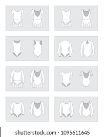 Set of vector sportswear templates - leotard, costume with short/long sleeves, skirt, for sport, fitness, gymnastics. Part 1/4 of women and girls sportswear mockup collection. Editable fill and stroke