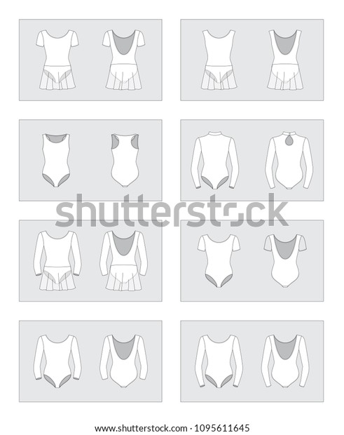 Set of vector sportswear templates - leotard,\
costume with short/long sleeves, skirt, for sport, fitness,\
gymnastics. Part 1/4 of women and girls sportswear mockup\
collection. Editable fill and\
stroke