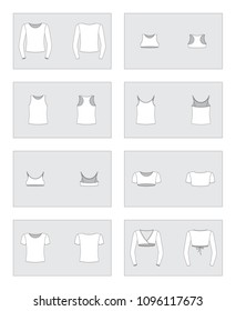 Set of vector sportswear templates - tops, t-shirt, long-sleeve, bolero for sport, fitness, gymnastics. part 1/4, 8 items, editable strokes.part 1/4, 8 items, editable strokes.