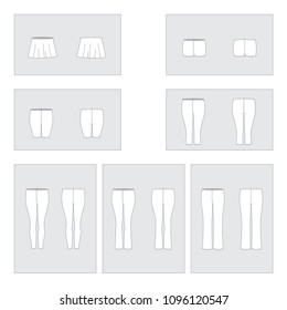 Set of vector sportswear templates - trousers, shorts, leggins, skirt for sport, fitness, gymnastics. part 3/4, 7 items, editable strokes.