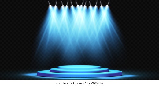Set of vector spotlights. Stage, podium. Light effects. Vector graphics.
