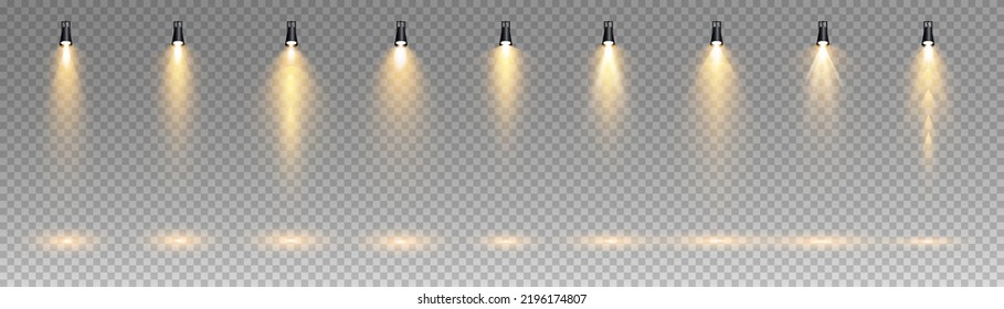 Set of vector spotlights. various forms of light. Yellow. Stage spotlights. Light effects. Glow light effect. Vector illustration.
