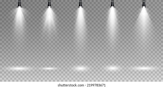 Set of vector spotlights. various forms of light. Stage spotlights. Vector scene illuminated by a spotlight beam. Light effects. Vector illustration.
