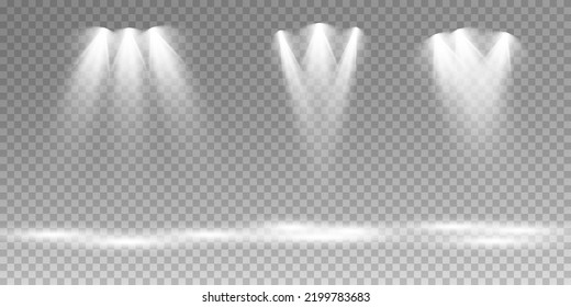 Set of vector spotlights. various forms of light. Stage spotlights. Vector scene illuminated by a spotlight beam. Light effects. Vector illustration.
