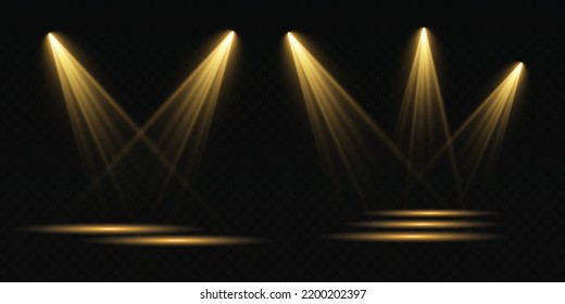 Set of vector spotlights. various forms of light. Stage projector. Scene background, American spotlight beam. Light effects. Previous illustration.