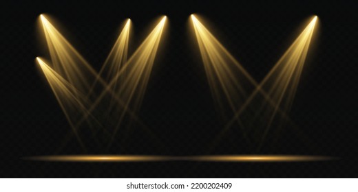 Set of vector spotlights. various forms of light. Stage projector. Scene background, American spotlight beam. Light effects. Previous illustration.