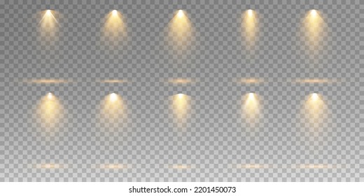 Set of vector spotlights. various forms of light. Stage projector. Scene background, American spotlight beam. Light effects. Previous illustration.