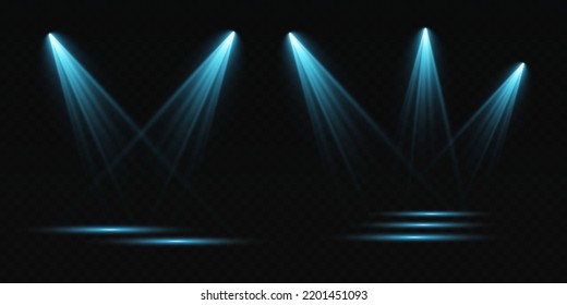 Set of vector spotlights. various forms of light, blue color. stage projector. Stage background, American spotlight beam. Light effects. Previous illustration.
