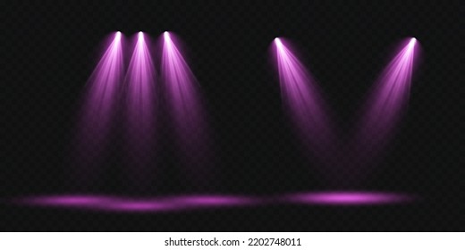 Set of vector spotlights. various forms of light, purple color. stage projector. Stage background, American spotlight. Light effects. Previous illustration.