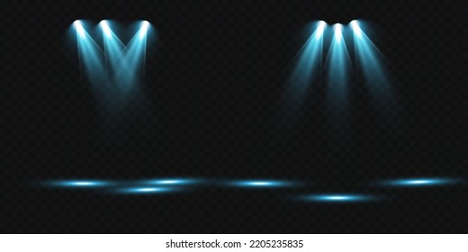 Set of vector spotlights. various forms of light, blue color. stage projector. Stage background, American spotlight beam. Light effects. Previous illustration.