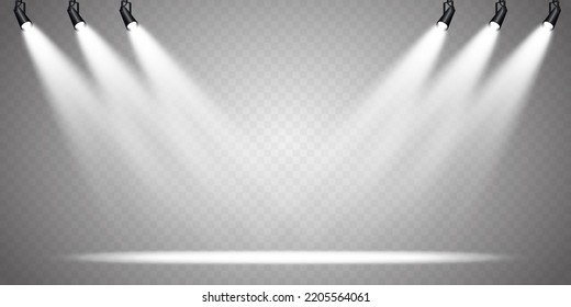 Set of vector spotlights. various forms of light. Stage spotlights. Vector scene illuminated by a spotlight beam. Light effects. Vector illustration.
