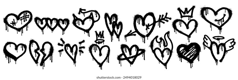 Set of vector spray painted heart shapes. Collection of hand drawn grunge graffiti elements with ink leaks and stains, heart icons. Valentine's day love symbols isolated on white background