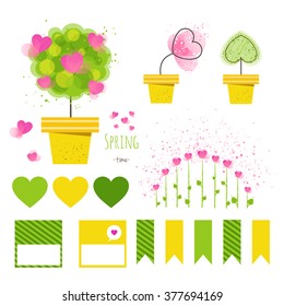 Set of vector spring decorative elements.Flowers in pots with stickers,printable files. Vector printable boxes,half boxes, in flat colors for party decor.