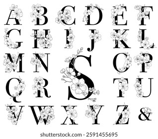 Set of vector spring floral letters with hand drawn line apple blossoms, botanical alphabet, spring wedding design