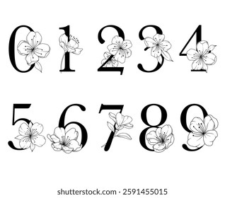 Set of vector spring floral numbers with hand drawn line apple blossoms, botanical spring wedding design
